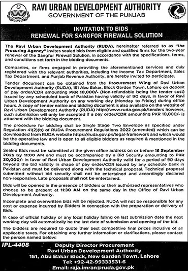 Ravi Urban Development Authority Lahore Tender Notice